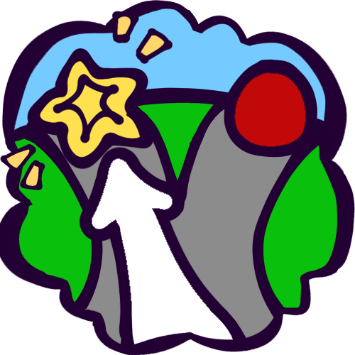 a thought bubble with a outdoor scene of a grey path that diverges into two inside. The left path has a white arrow going along it and ends at a yellow star that’s emphasized with little pointy shapes, and the right path ends at a red circle